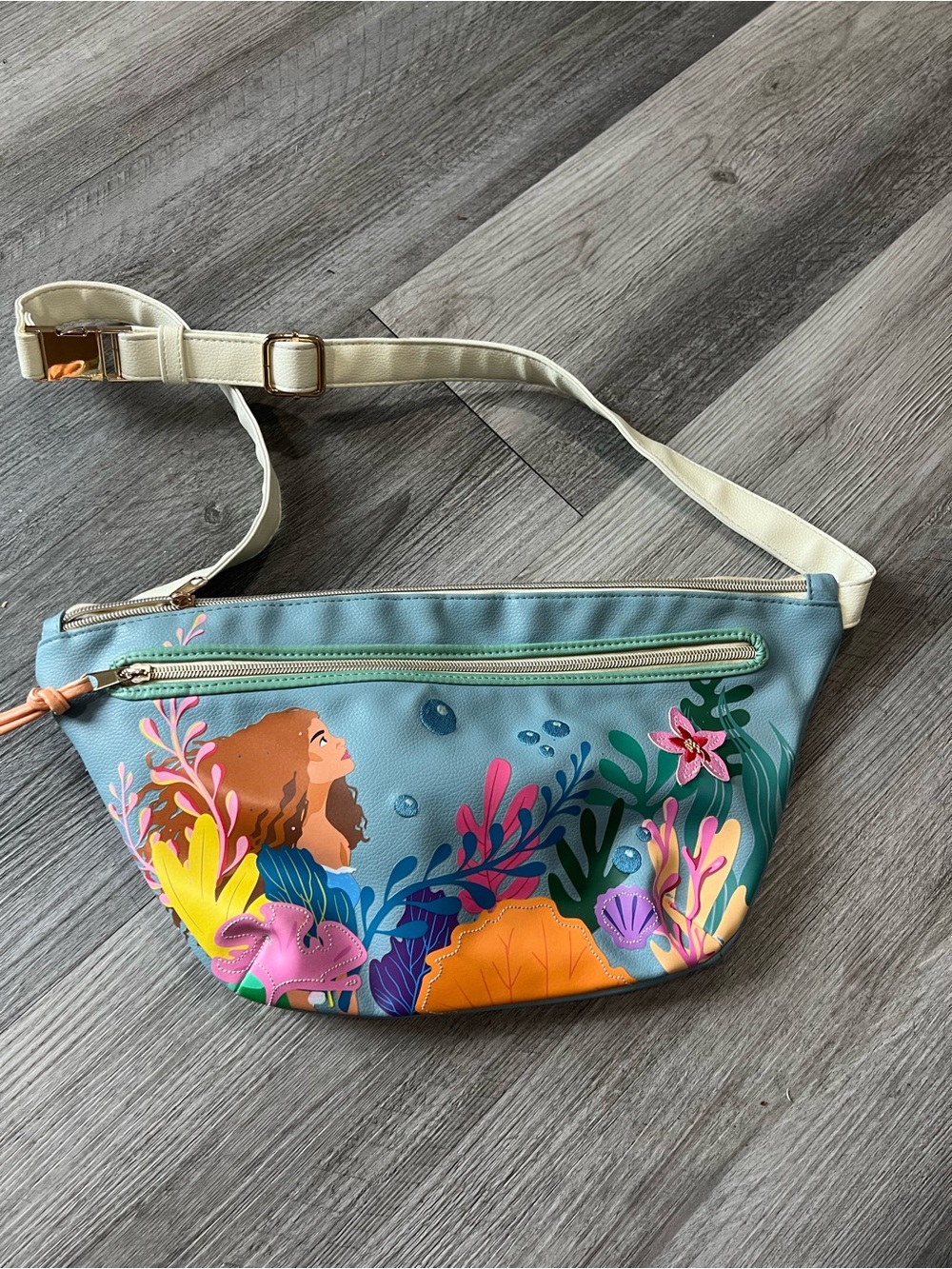 Disney Blue Mermaid Undersea Print Belt Bag with Cream Strap